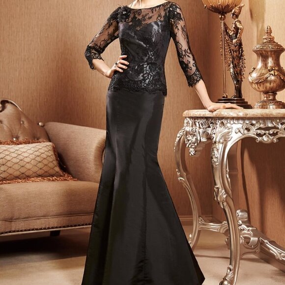 Jade Couture by Jasmine Black Lace Long Sleeve Satin Crepe Gown